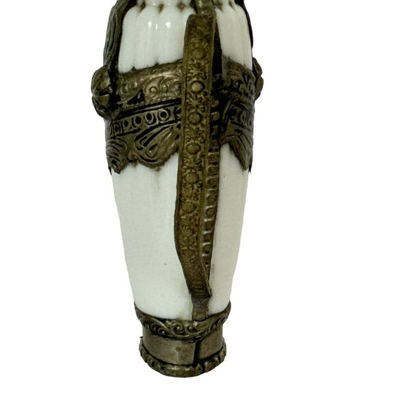 Vtg Middle Eastern White Fluted Ceramic Pot Metal Handle Lid Ornate Brass - Picture 6 of 9